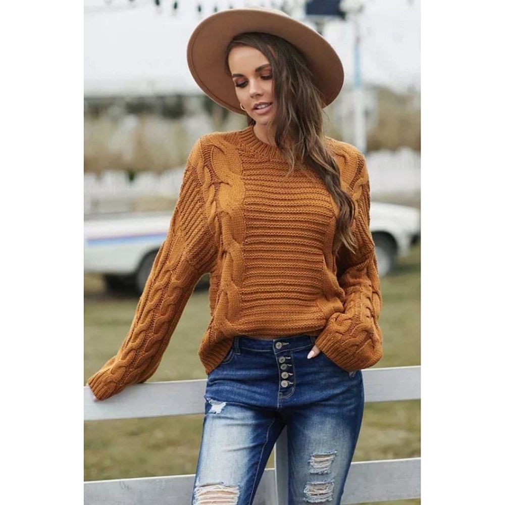 Chic Brown Cable Knit Sweater With Batwing Sleeves